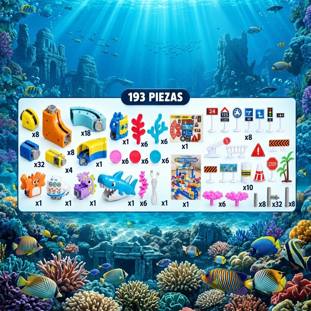 Pista de tren magnética OceanTrack con piezas y accesorios del océano